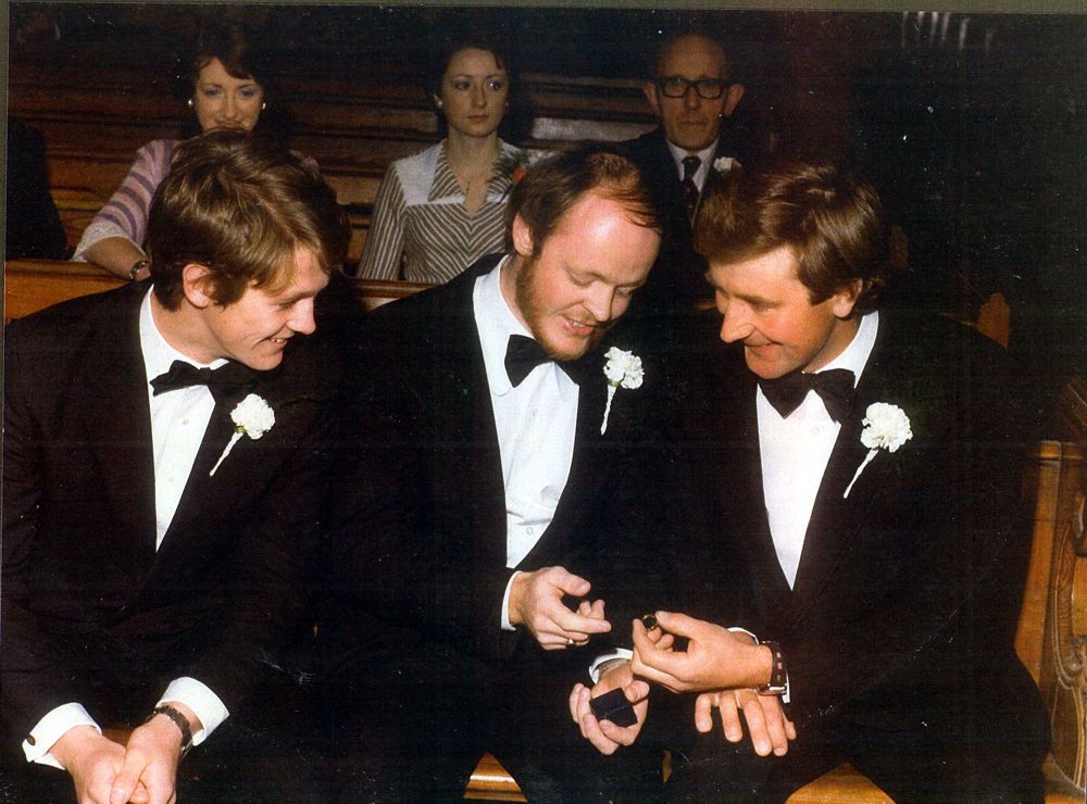 from left to right TJ, my first cousin, Me and Toby. Back left to right - Ben, Toby's sister, Mary, Toby's sister and my Father, Tony. At Toby's Wedding on 9th September 1976.
